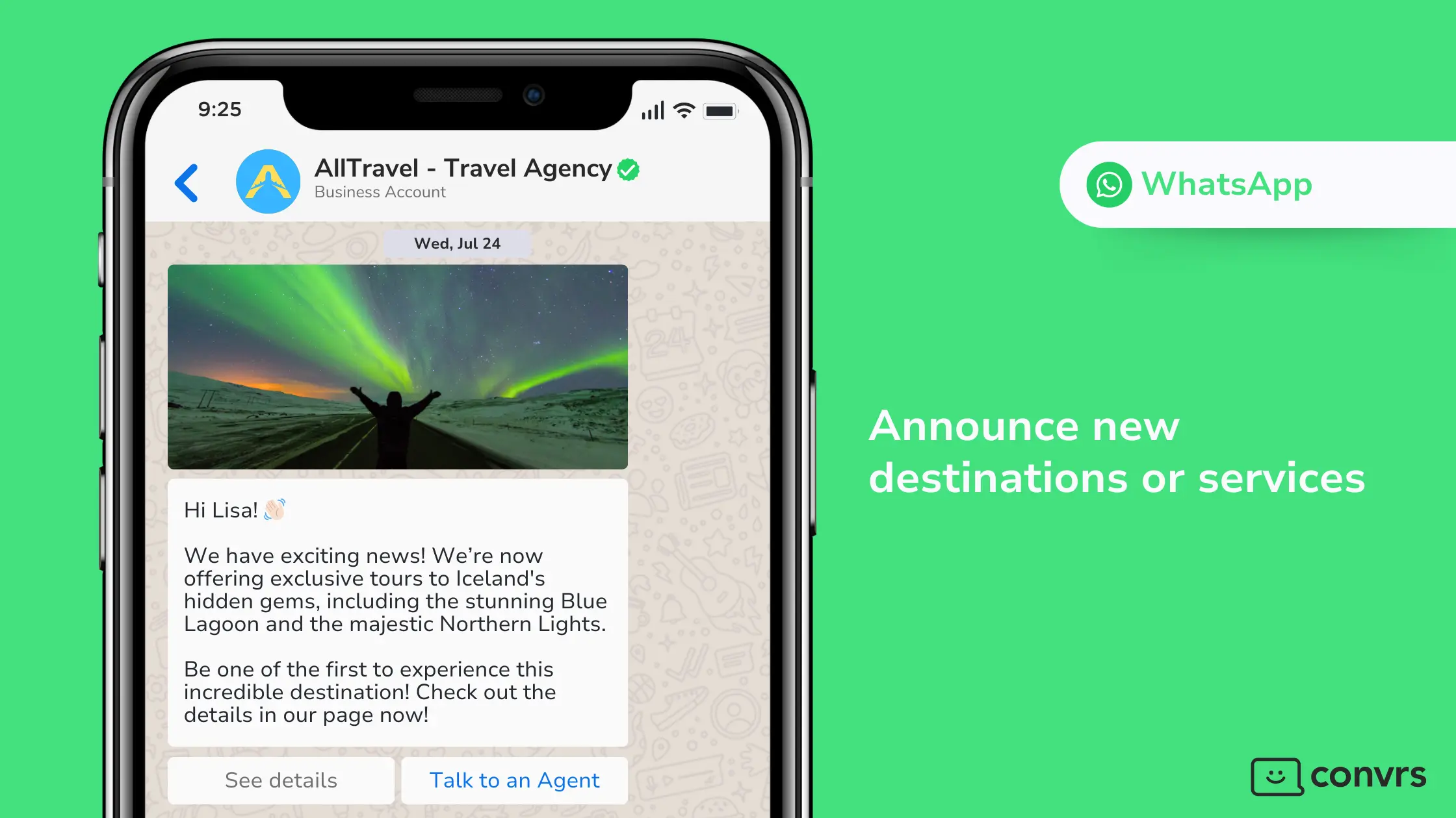 WhatsApp message received by customer containing an announcement about a new destination being offered by a travel agency